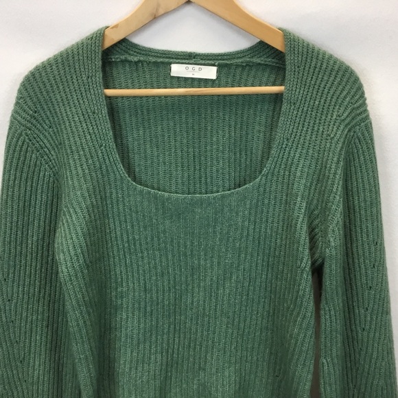 One Grey Day Sienna Sweater Green Square Neck Ribbed Size M Bohemian Cottagecore - Picture 3 of 8